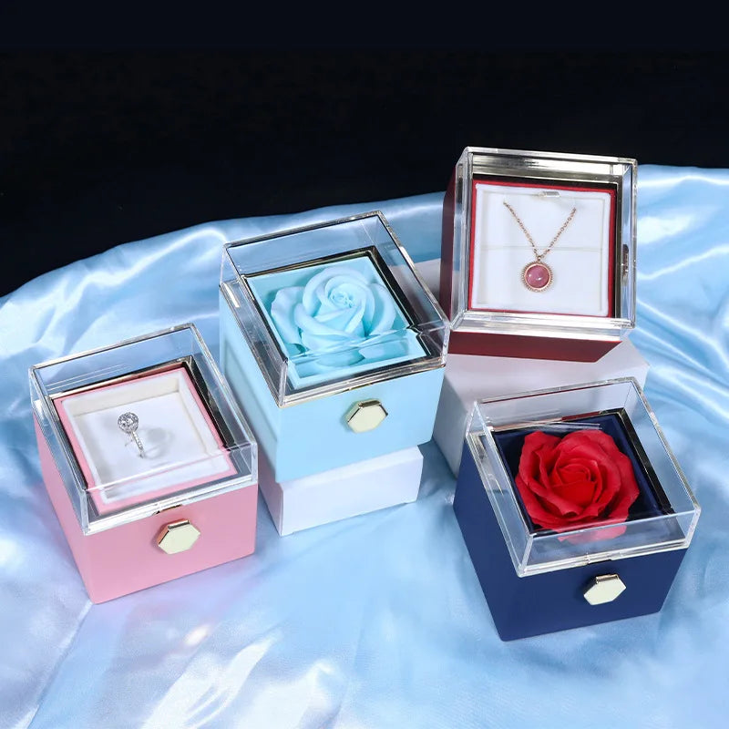 2024 Valentines Day Eternal Rose Jewelry Ring Box Rotate Wedding Pendant Necklace Storage for Women Girlfriend Christmas Gifts