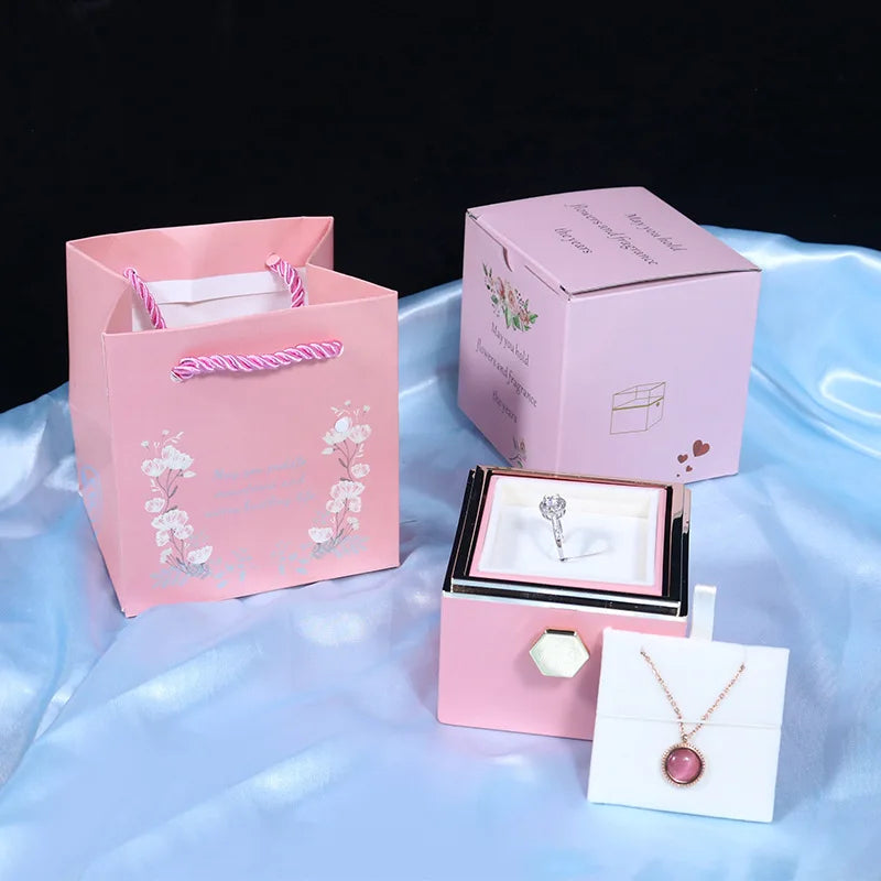 2024 Valentines Day Eternal Rose Jewelry Ring Box Rotate Wedding Pendant Necklace Storage for Women Girlfriend Christmas Gifts
