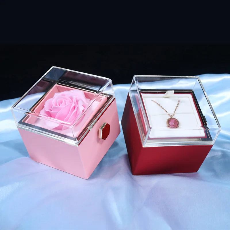 2024 Valentines Day Eternal Rose Jewelry Ring Box Rotate Wedding Pendant Necklace Storage for Women Girlfriend Christmas Gifts