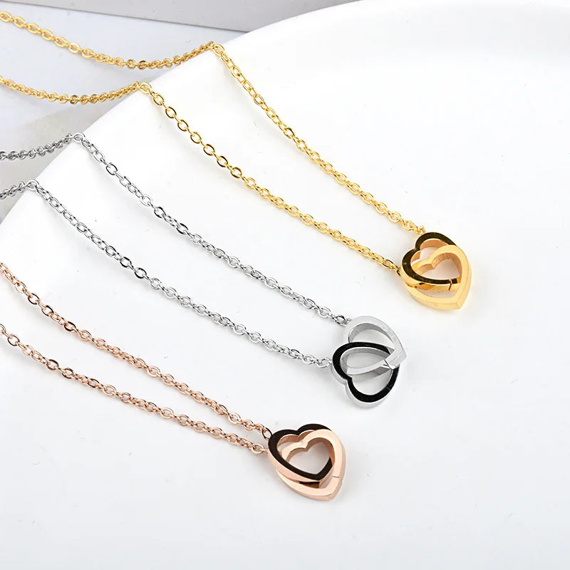 Classic Minimalist Double Heart Pendant Gold Plated Stainless Steel Not Fade Necklace Fashion Jewelry Party Gift For Women Girls