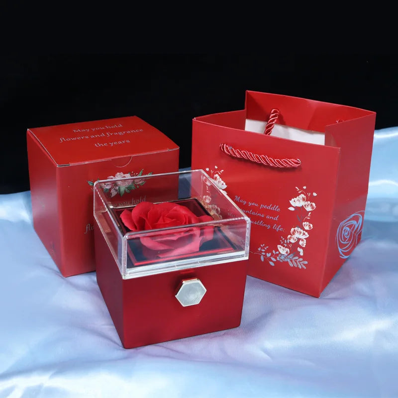 2024 Valentines Day Eternal Rose Jewelry Ring Box Rotate Wedding Pendant Necklace Storage for Women Girlfriend Christmas Gifts