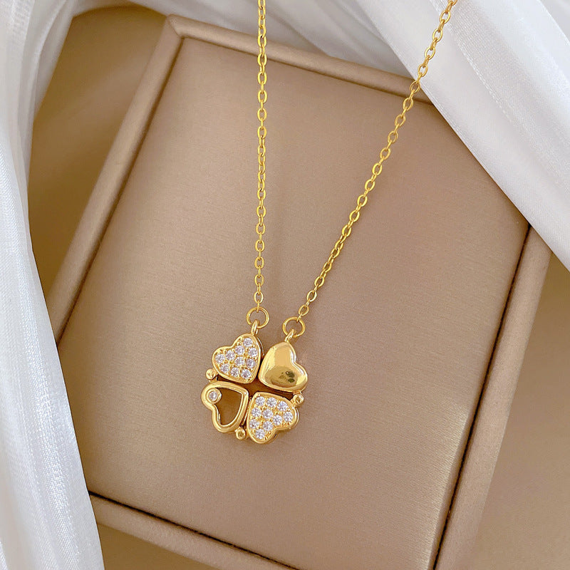 2 Ways to Wear Openable Heart & 4-Leaf Clover Full Paved Zircon Titanium Steel Choker, Versatile Jewelry Gift for Women
