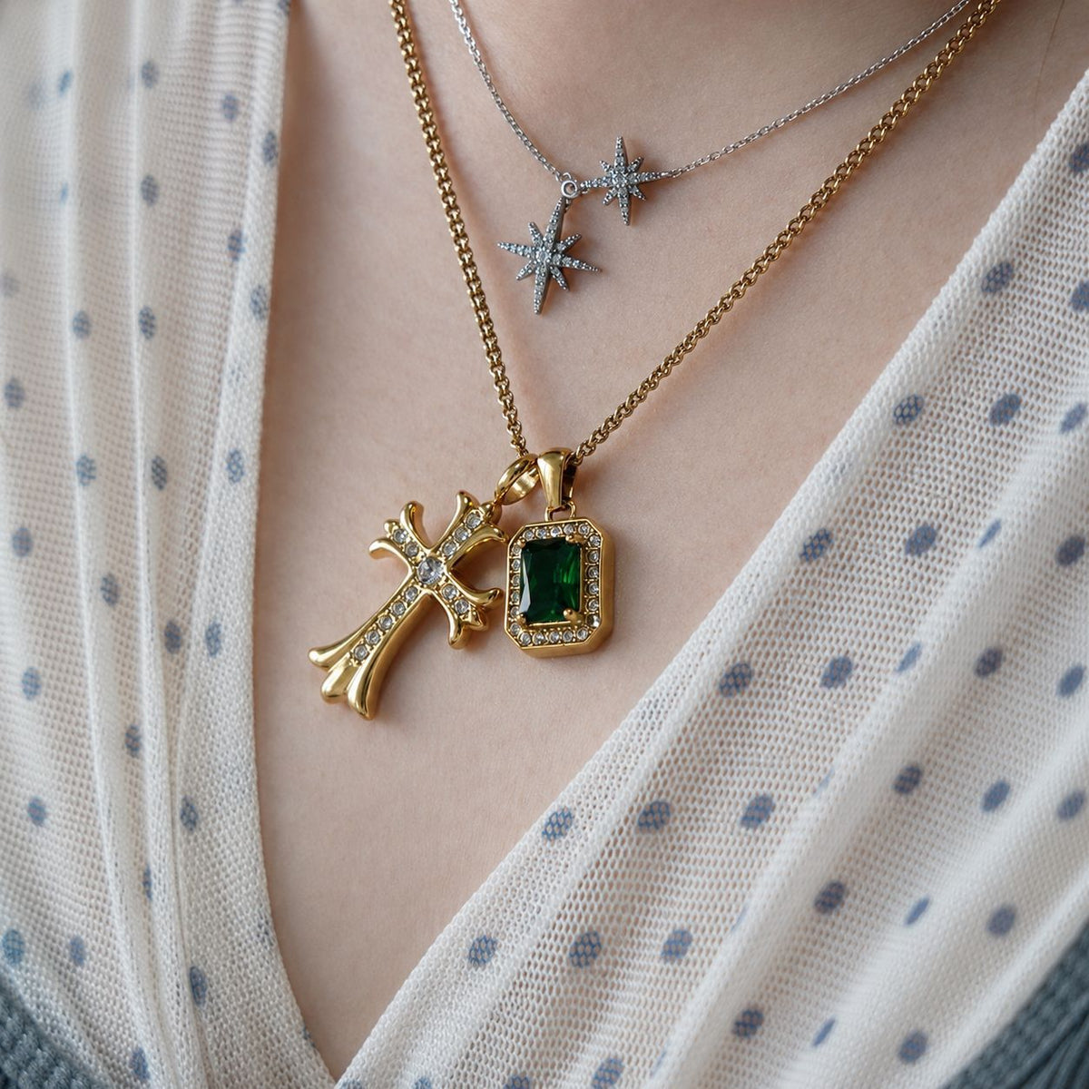 Vintage Stainless Steel Cross Necklace, Emerald Green CZ Micro Paved Pendant