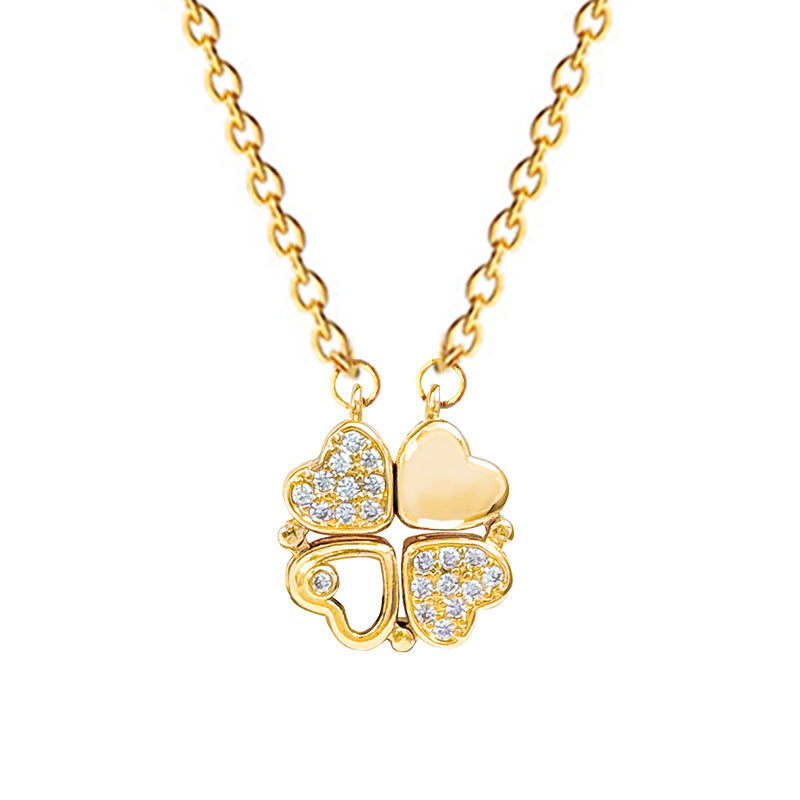 2 Ways to Wear Openable Heart & 4-Leaf Clover Full Paved Zircon Titanium Steel Choker, Versatile Jewelry Gift for Women
