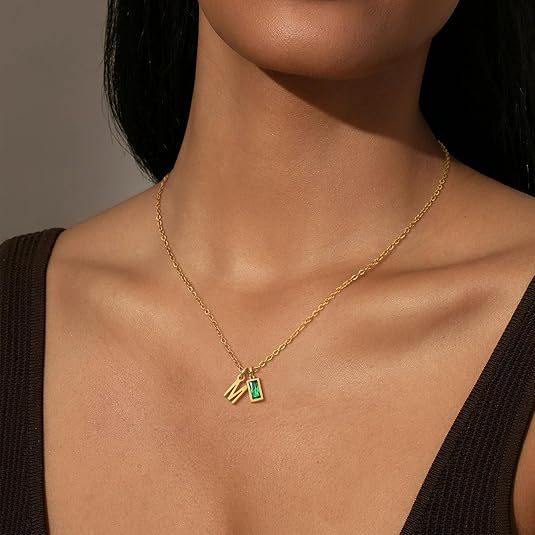 14K Gold Plated Copper 26 Letters & 12 Month Birthstone Zircon Necklace, Dainty Versatile Women Jewelry