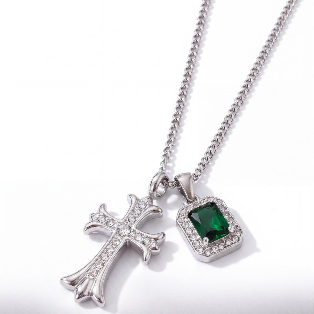 Vintage Stainless Steel Cross Necklace, Emerald Green CZ Micro Paved Pendant