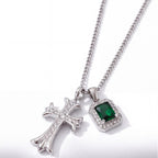 Vintage Stainless Steel Cross Necklace, Emerald Green CZ Micro Paved Pendant