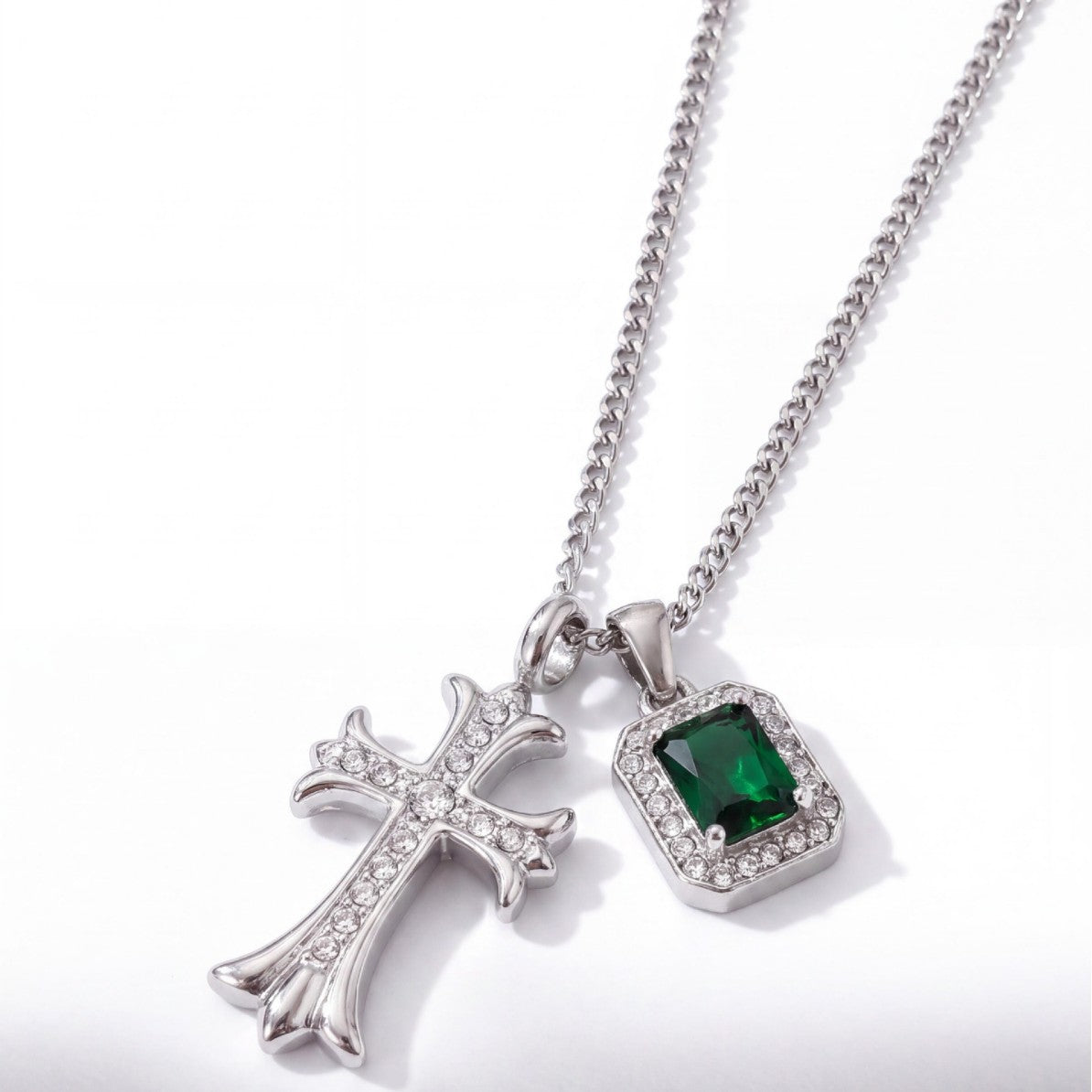Vintage Stainless Steel Cross Necklace, Emerald Green CZ Micro Paved Pendant