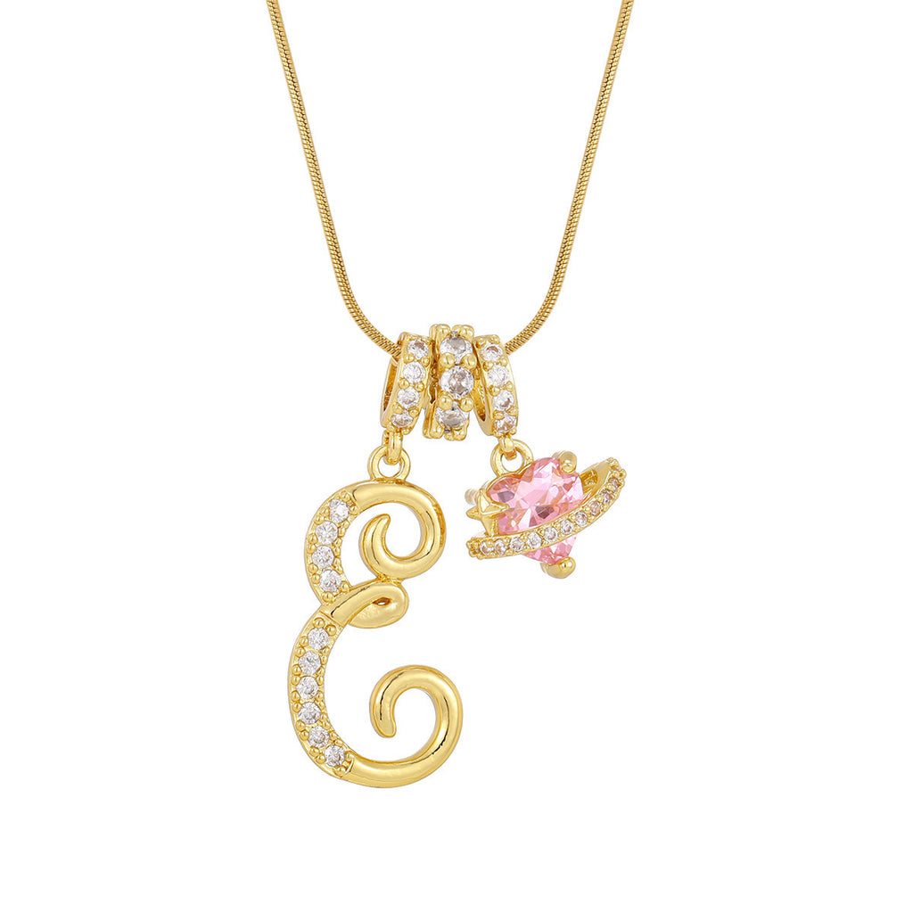 gold-plated letter pink planet pendant necklace