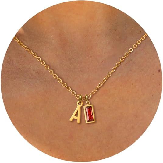 14K Gold Plated Copper 26 Letters & 12 Month Birthstone Zircon Necklace, Dainty Versatile Women Jewelry