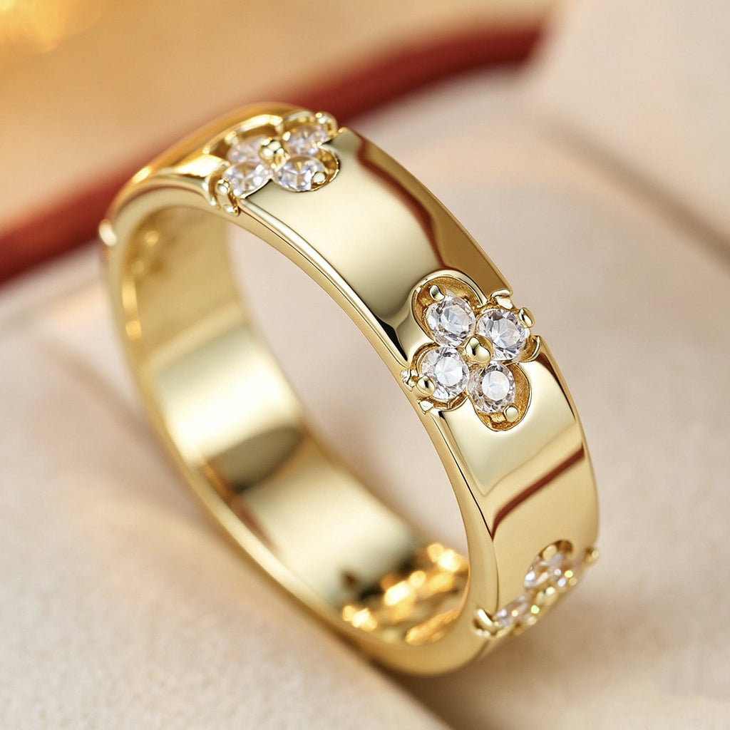 Minimal Luxury 4-Leaf Clover Inlaid Zircon Ring, Delicate Smooth Hollow Inner Pattern Women Band Ring, Unique High-End Jewelry Gift for Her