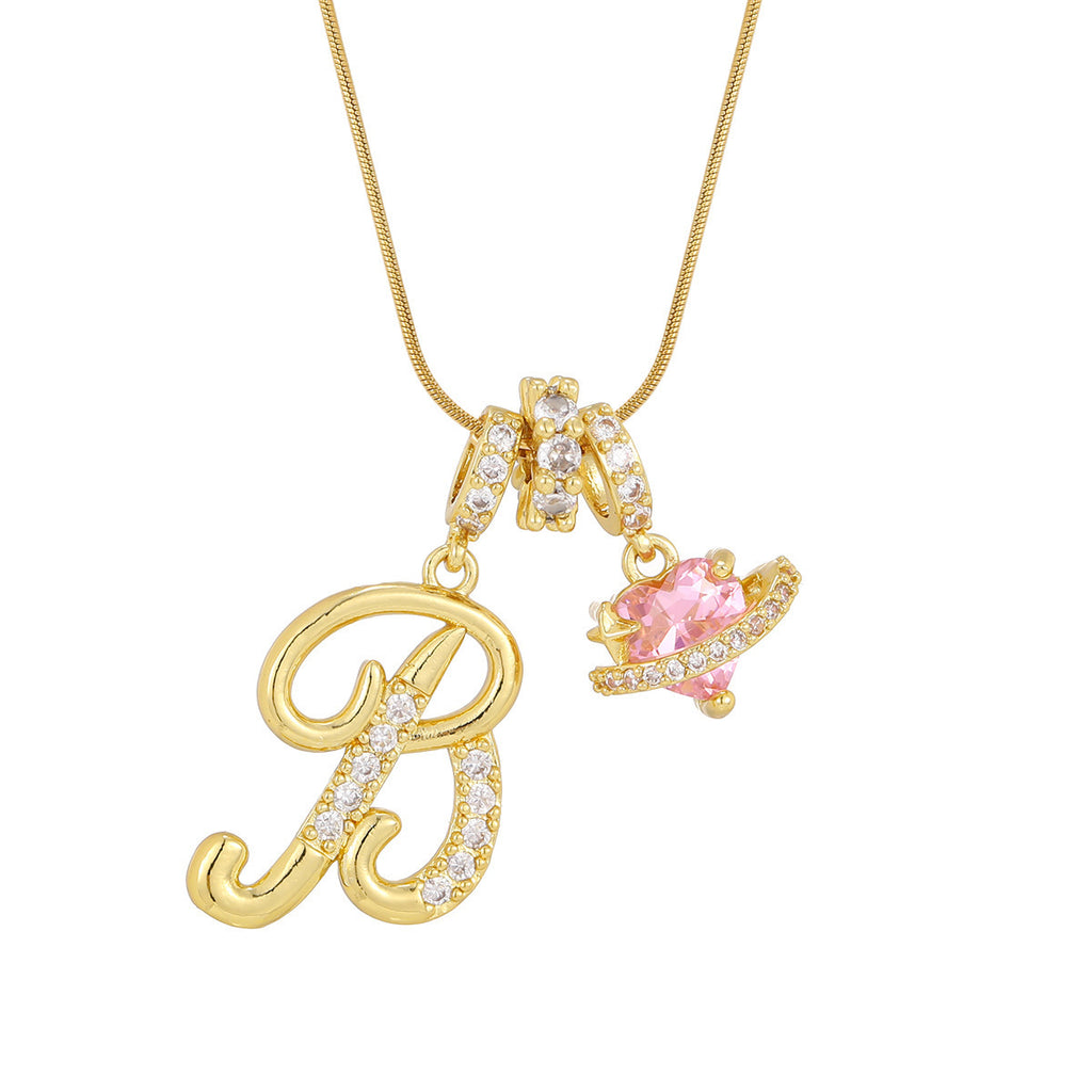 gold-plated letter pink planet pendant necklace