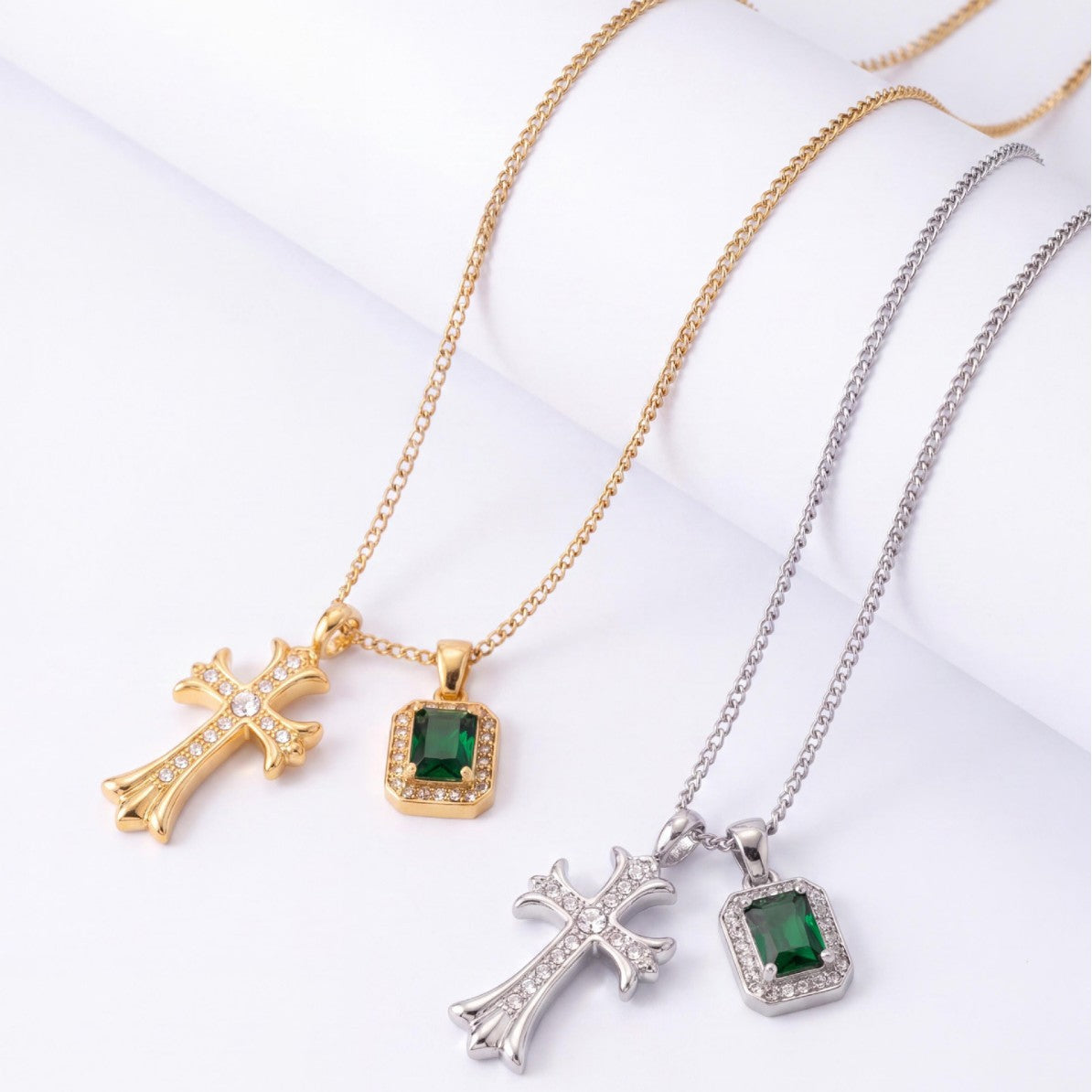 Vintage Stainless Steel Cross Necklace, Emerald Green CZ Micro Paved Pendant
