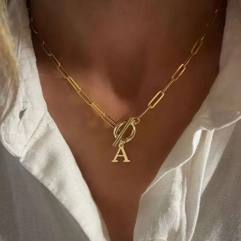 Vintage-style gold letter necklace, versatile alloy paperclip OT clasp choker for women
