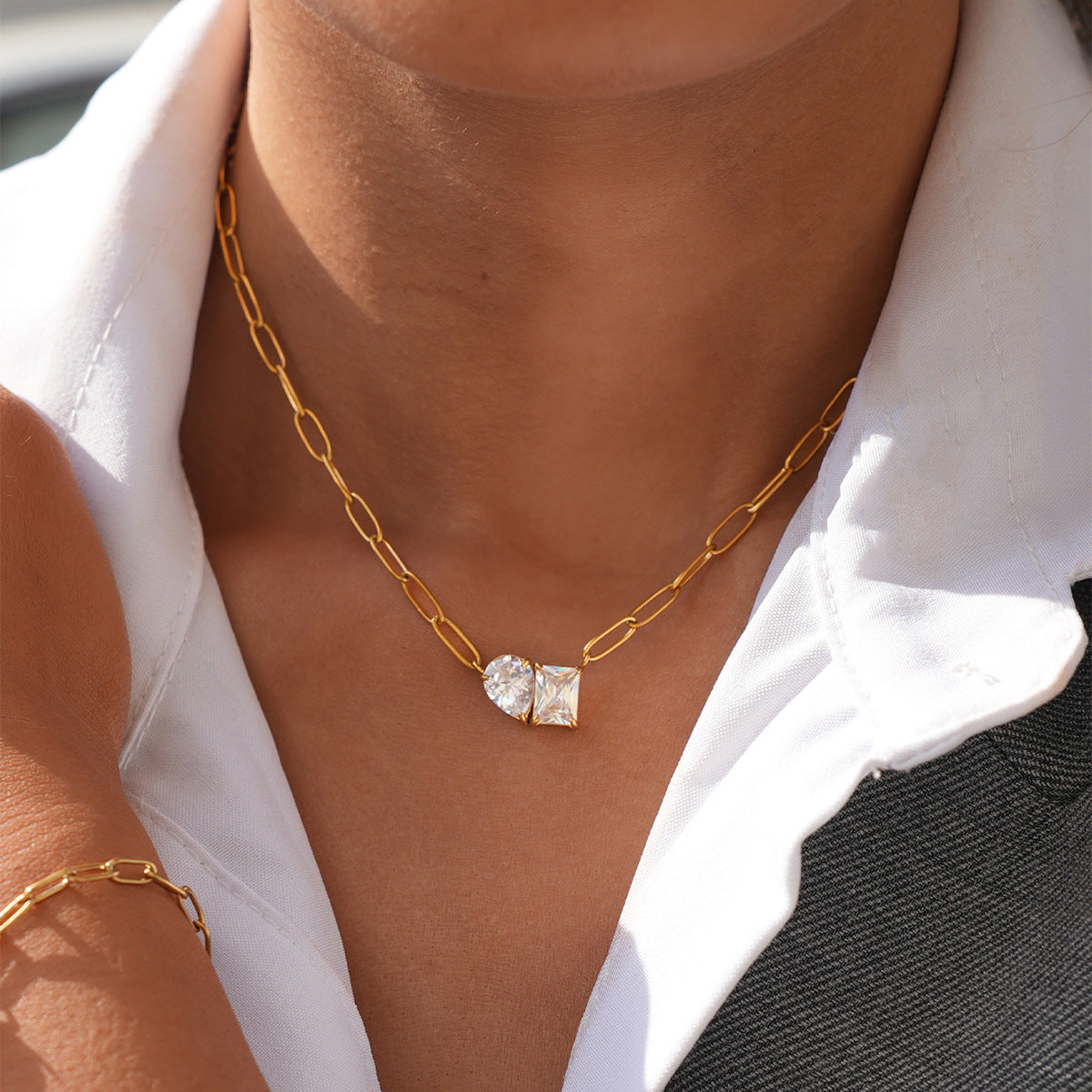 Lustre Dual Crystal Paperclip Necklace
