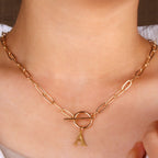 Vintage-style gold letter necklace, versatile alloy paperclip OT clasp choker for women