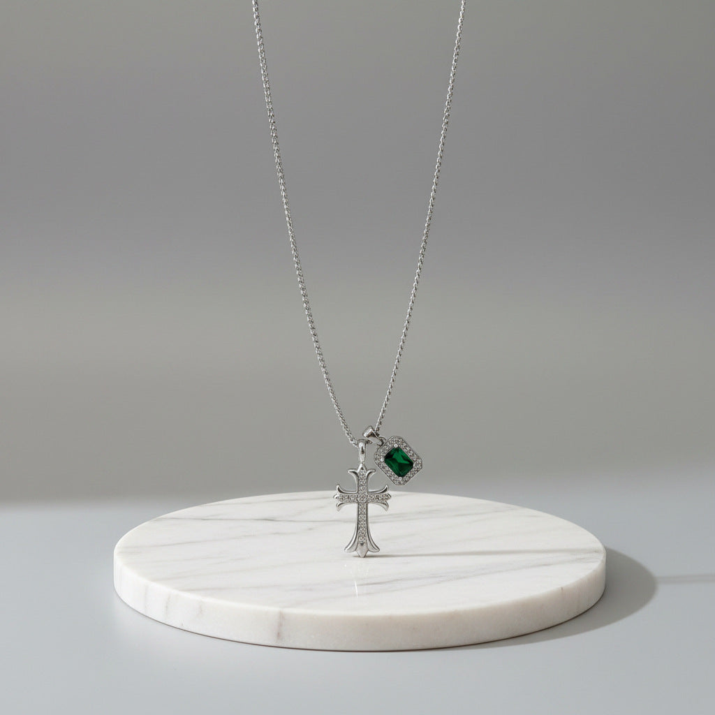 Vintage Stainless Steel Cross Necklace, Emerald Green CZ Micro Paved Pendant