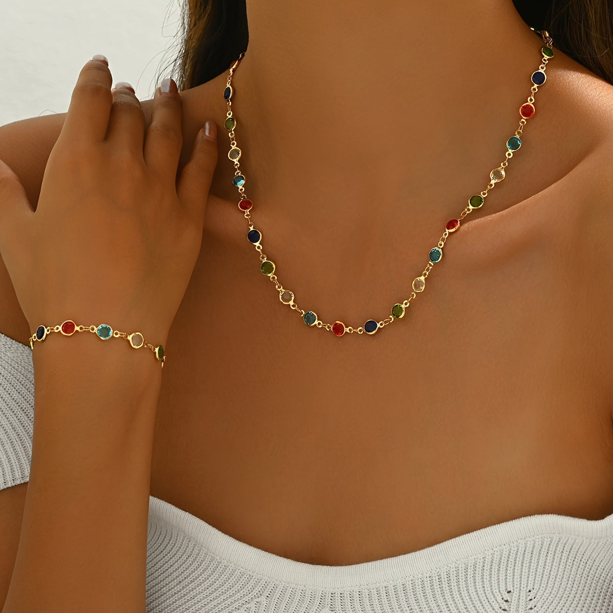 INS-style creative colorful rhinestone necklace and bracelet set