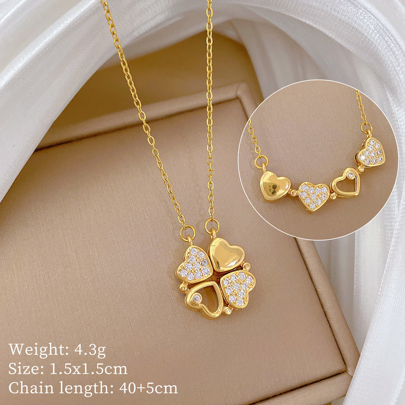 2 Ways to Wear Openable Heart & 4-Leaf Clover Full Paved Zircon Titanium Steel Choker, Versatile Jewelry Gift for Women