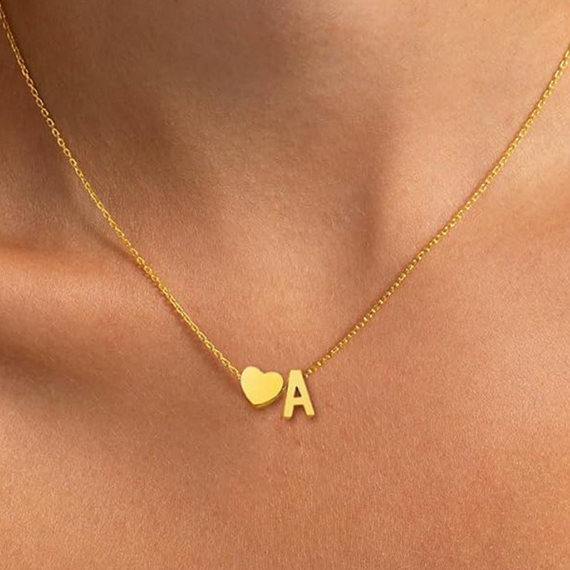 Love Heart 26-Letter Clavicle Necklace with Women's Heart-Shaped Pendant