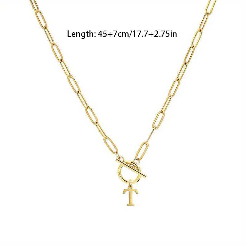 Vintage-style gold letter necklace, versatile alloy paperclip OT clasp choker for women