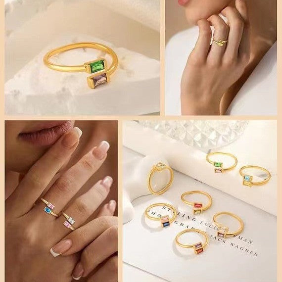 12 Birthstones Square Block Open Adjustable Ring, DIY Mix & Match Women Jewelry
