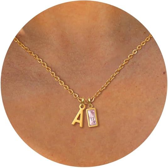 14K Gold Plated Copper 26 Letters & 12 Month Birthstone Zircon Necklace, Dainty Versatile Women Jewelry