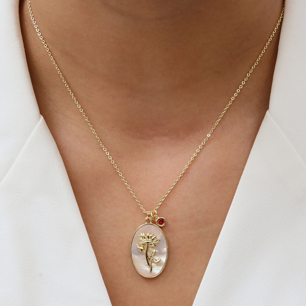 Birth Flower & Birthstone Pendant Necklace | Elegant Women Jewelry
