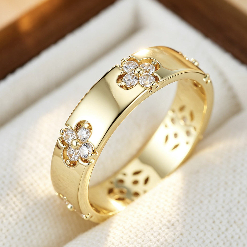 Minimal Luxury 4-Leaf Clover Inlaid Zircon Ring, Delicate Smooth Hollow Inner Pattern Women Band Ring, Unique High-End Jewelry Gift for Her