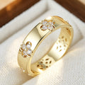 Minimal Luxury 4-Leaf Clover Inlaid Zircon Ring, Delicate Smooth Hollow Inner Pattern Women Band Ring, Unique High-End Jewelry Gift for Her