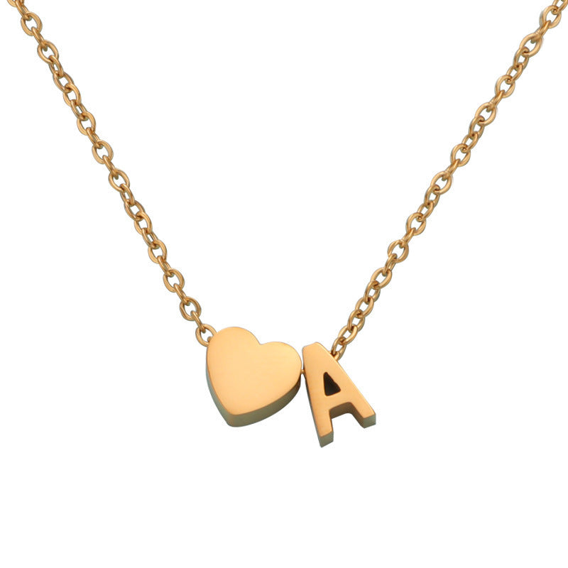 Love Heart 26-Letter Clavicle Necklace with Women's Heart-Shaped Pendant