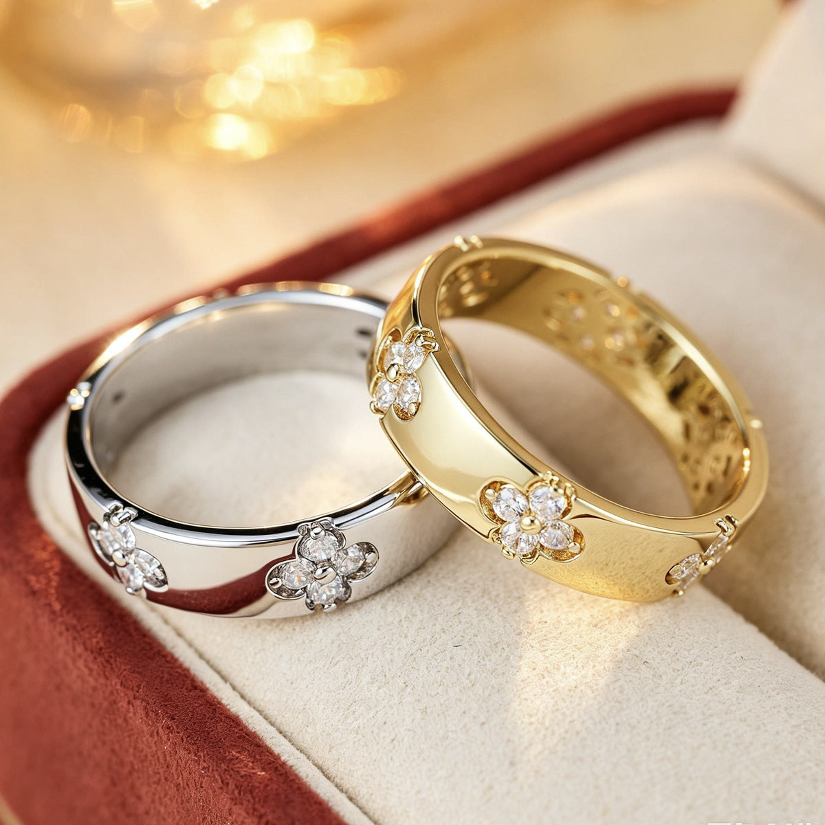 Minimal Luxury 4-Leaf Clover Inlaid Zircon Ring, Delicate Smooth Hollow Inner Pattern Women Band Ring, Unique High-End Jewelry Gift for Her