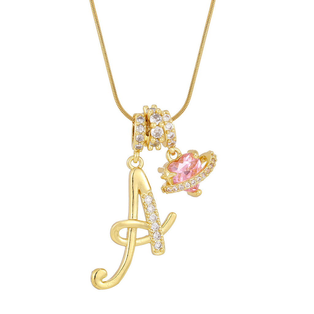 gold-plated letter pink planet pendant necklace