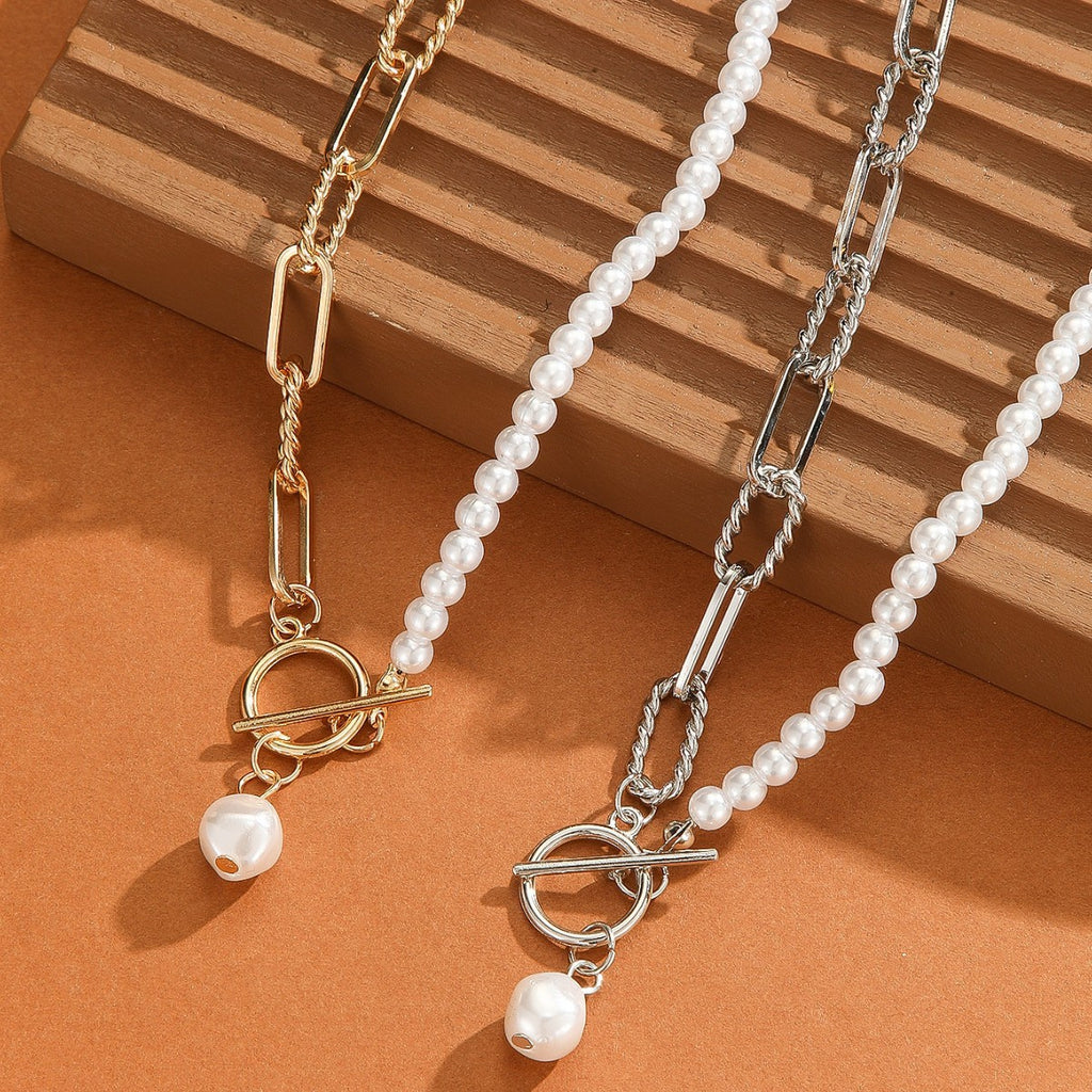 Vintage Pearl OT‑Clasp Necklace Long Beaded Chain Layering Necklace