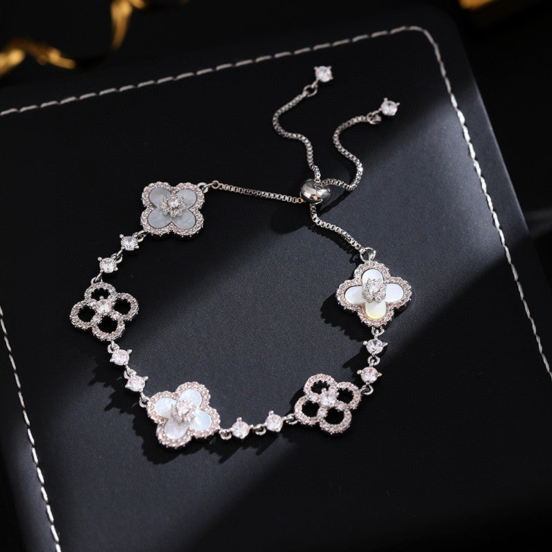 Lucky Four Leaf Clover Slide Adjustable Bracelet, 2026 New Imitation Pink Shell CZ Delicate Women Jewelry