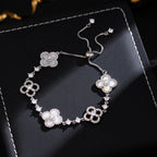 Lucky Four Leaf Clover Slide Adjustable Bracelet, 2026 New Imitation Pink Shell CZ Delicate Women Jewelry