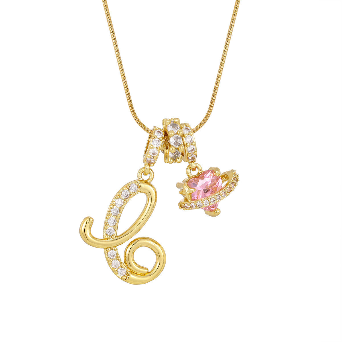 gold-plated letter pink planet pendant necklace