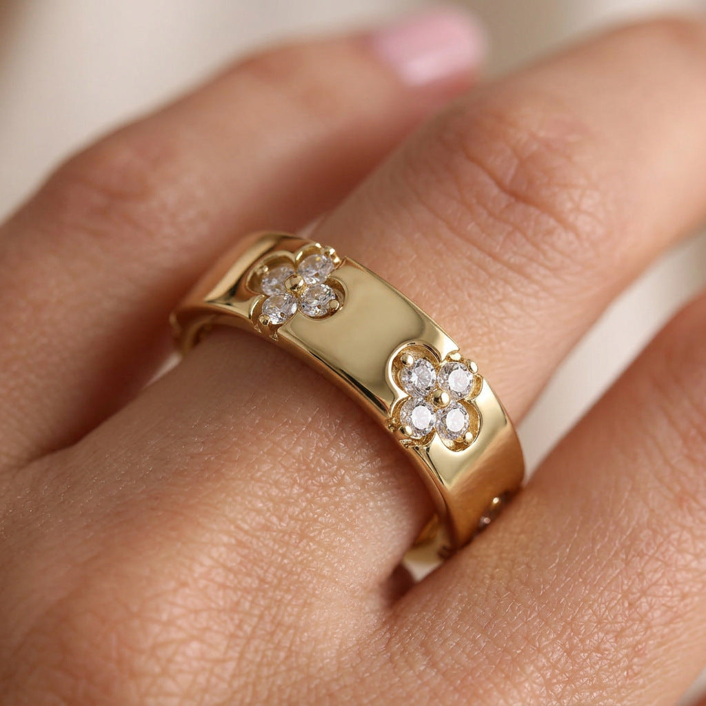 Minimal Luxury 4-Leaf Clover Inlaid Zircon Ring, Delicate Smooth Hollow Inner Pattern Women Band Ring, Unique High-End Jewelry Gift for Her