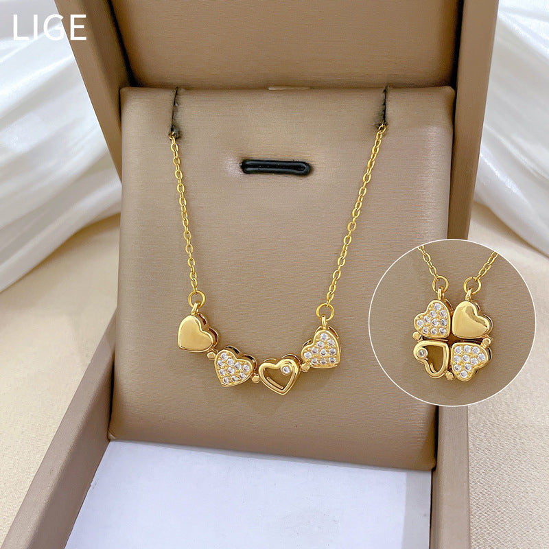 2 Ways to Wear Openable Heart & 4-Leaf Clover Full Paved Zircon Titanium Steel Choker, Versatile Jewelry Gift for Women