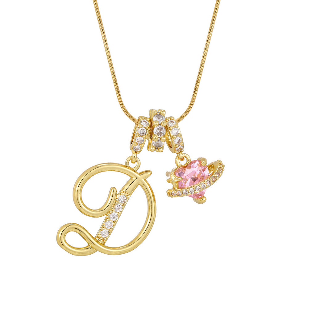 gold-plated letter pink planet pendant necklace