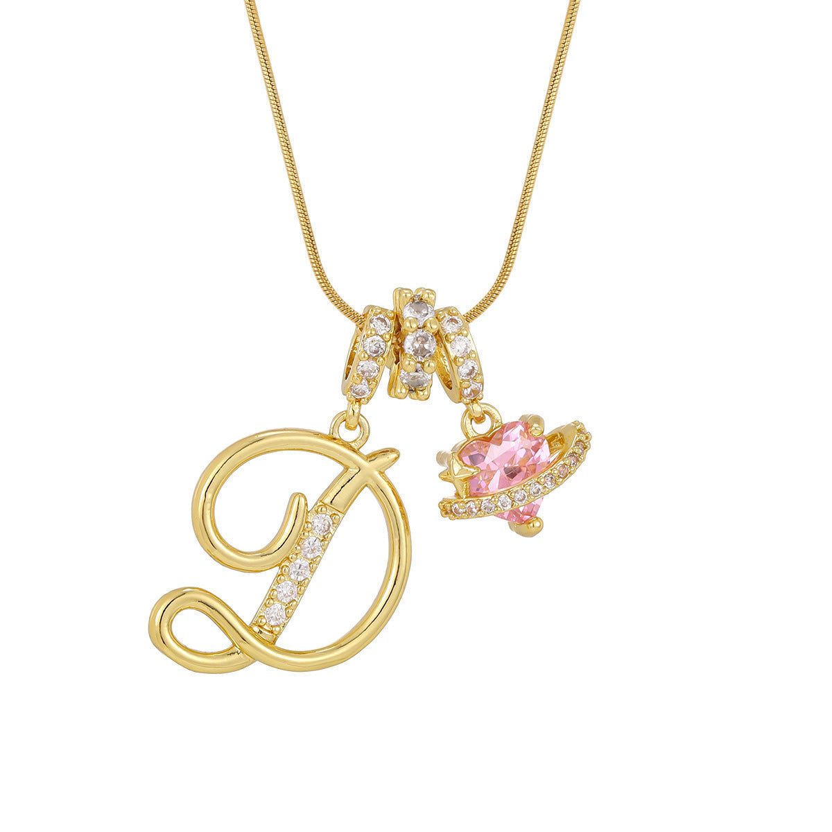 gold-plated letter pink planet pendant necklace