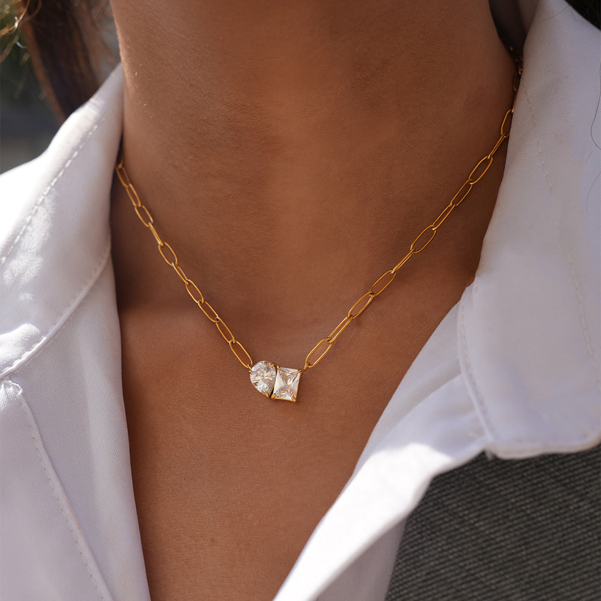 Lustre Dual Crystal Paperclip Necklace
