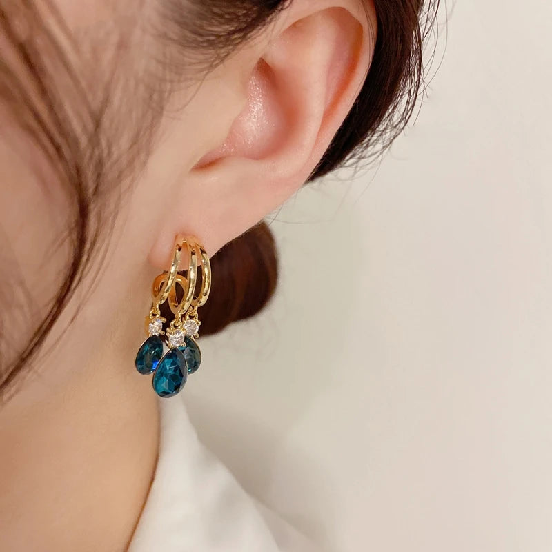 Copper Plated 18K Gold Fashion Simple Blue Teardrop Shape Tassel Design Earrings Women Delicate And Versatile High Quality