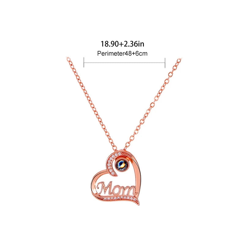 Projection 100 Languages I Love You Mama's Charm Chain Necklace Mother's Day Gift Love Heart Shape Pendant Choker