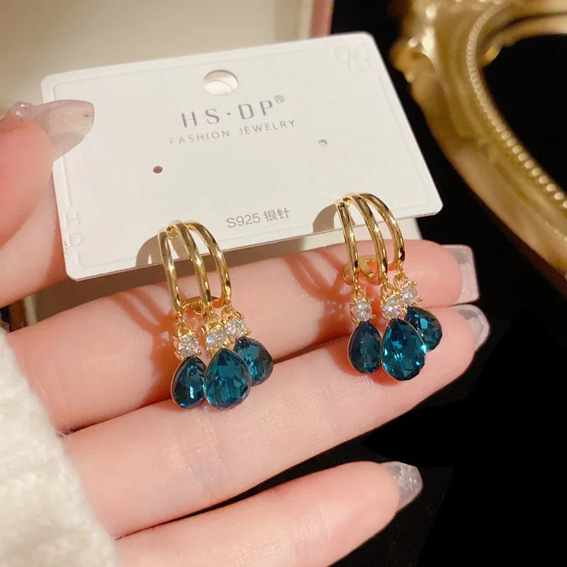 Copper Plated 18K Gold Fashion Simple Blue Teardrop Shape Tassel Design Earrings Women Delicate And Versatile High Quality