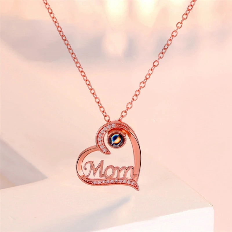 Projection 100 Languages I Love You Mama's Charm Chain Necklace Mother's Day Gift Love Heart Shape Pendant Choker