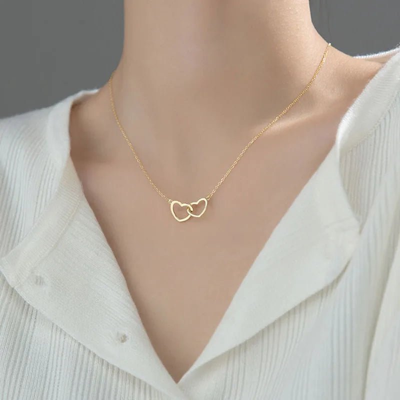 Classic Minimalist Double Heart Pendant Gold Plated Stainless Steel Not Fade Necklace Fashion Jewelry Party Gift For Women Girls