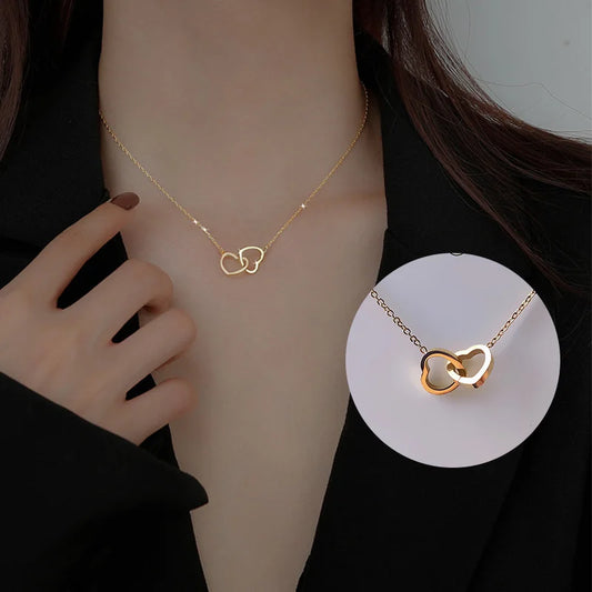 Classic Minimalist Double Heart Pendant Gold Plated Stainless Steel Not Fade Necklace Fashion Jewelry Party Gift For Women Girls