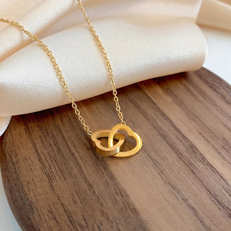 Classic Minimalist Double Heart Pendant Gold Plated Stainless Steel Not Fade Necklace Fashion Jewelry Party Gift For Women Girls